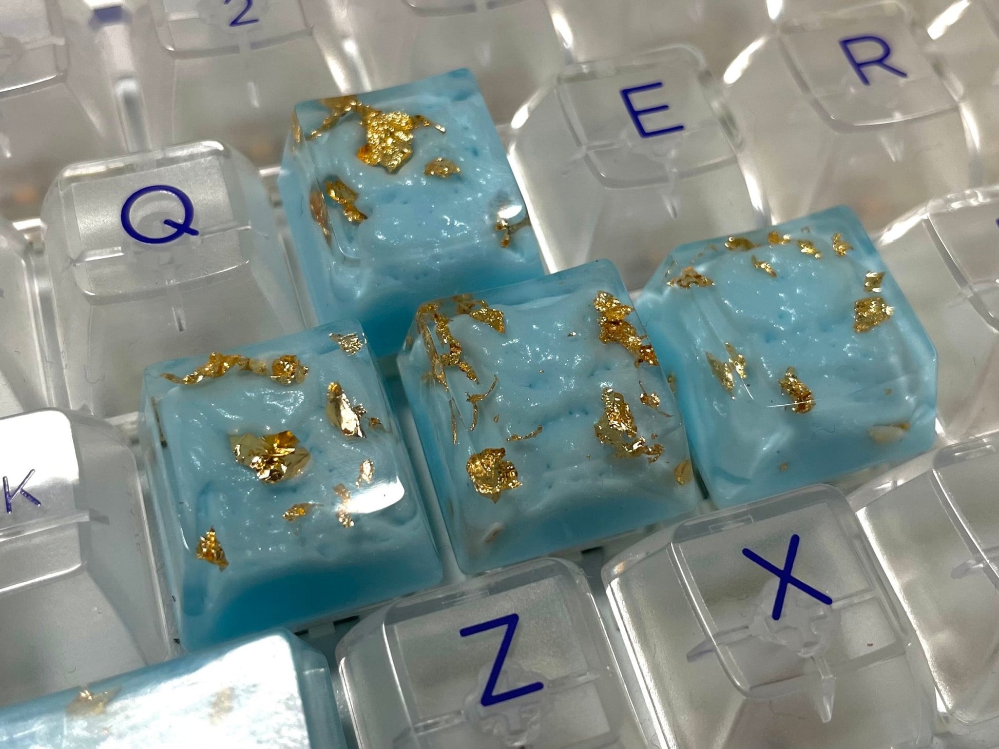 Sky Blue and Gold Foil Resin Keycaps - kaydenskeycaps